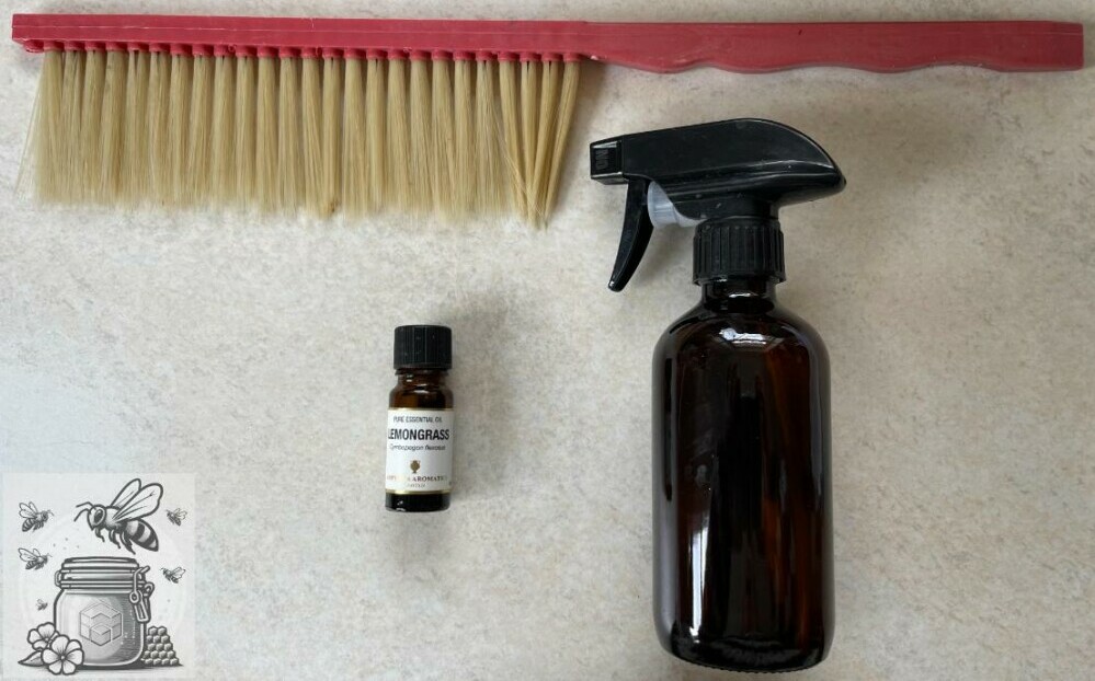 beekeeping brush and spray bottle