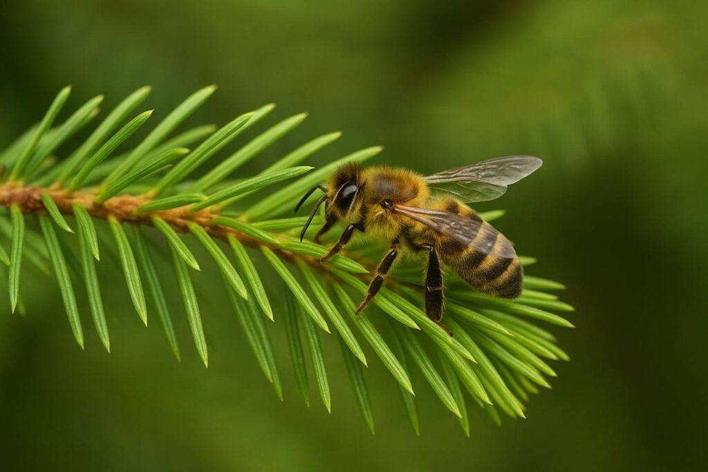 honeydew honey collected by honey bee of a fir tree branch