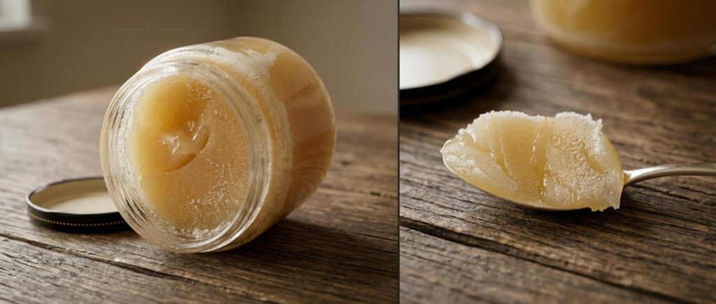 Jar and spoonful of crystallised honey showing solid texture before decrystallising