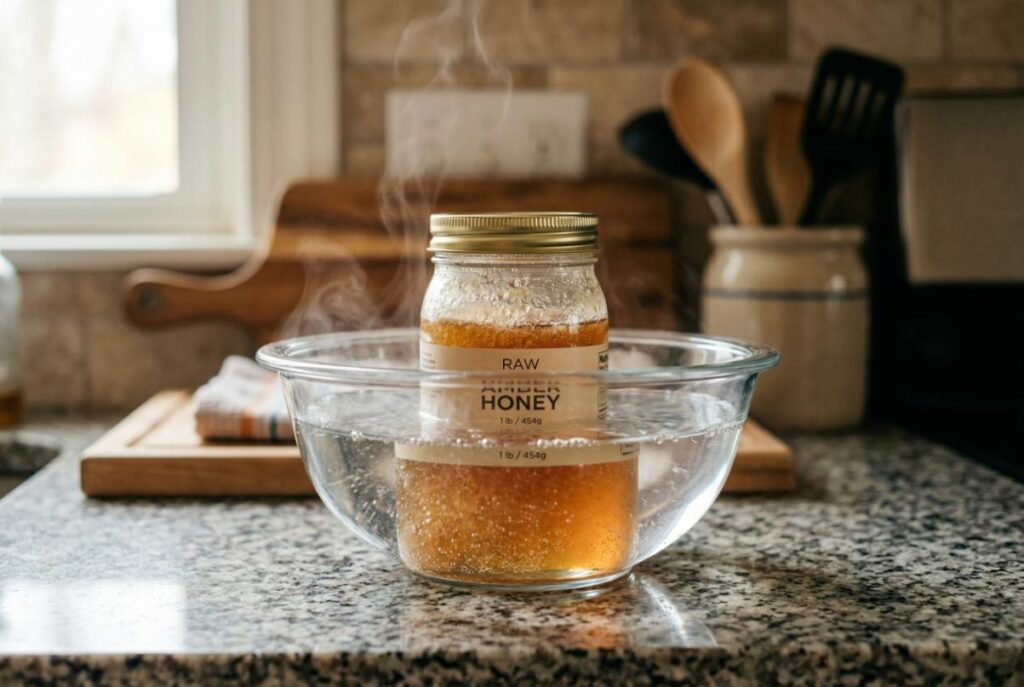 Decrystallising honey safely using a warm water bath method