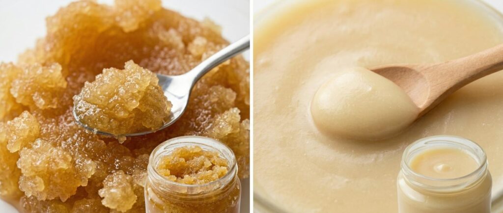 Side-by-side comparison of grainy crystallised honey and smooth creamed honey textures