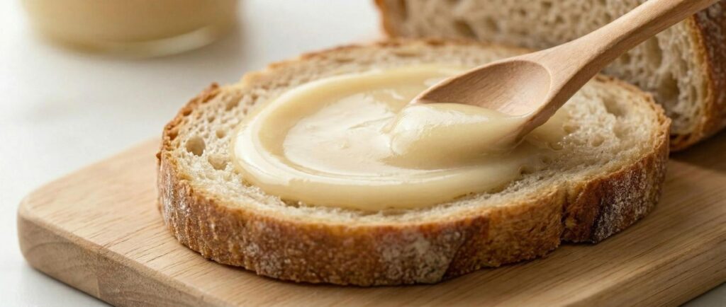 Soft set honey on a piece of bread