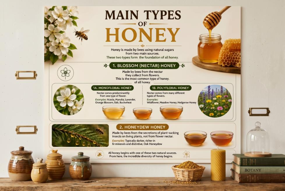 Infographic explaining the two main types of honey — blossom (nectar) honey and honeydew honey — with monofloral and polyfloral subcategories, floral illustrations, honey jars, and educational classification chart.