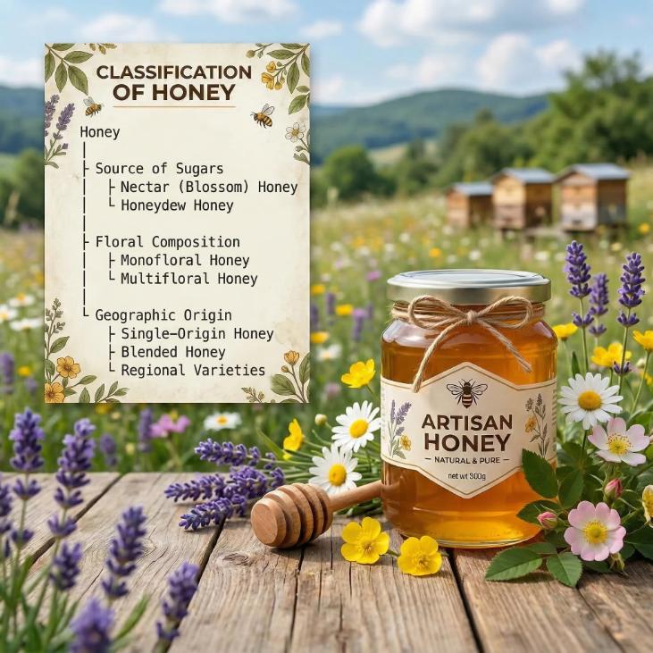 Diagram showing the main honey classifications: source of sugars, floral composition, and geographic origin.