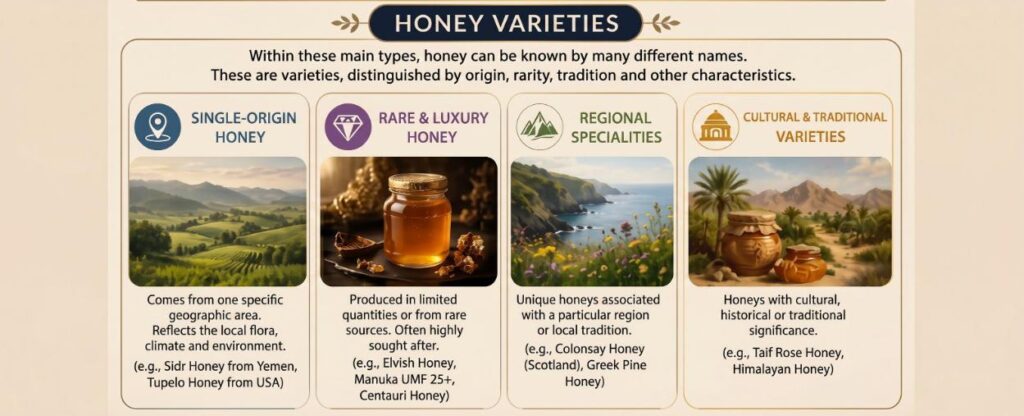 Infographic about honey varieties and classification categories, featuring single-origin honey, regional specialities, rare and luxury honeys, and cultural honey traditions with illustrated landscapes, honey jars, and educational labels.