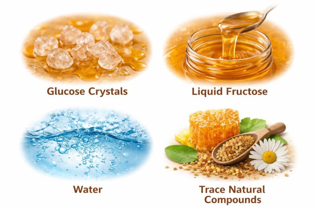 Infographic showing honey composition components including glucose crystals, liquid fructose, water and trace natural compounds