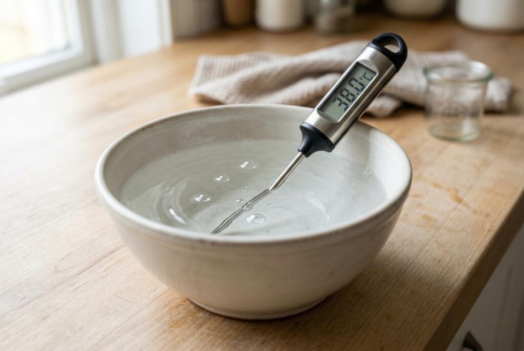 Checking water temperature to safely decrystallise honey below 40°C