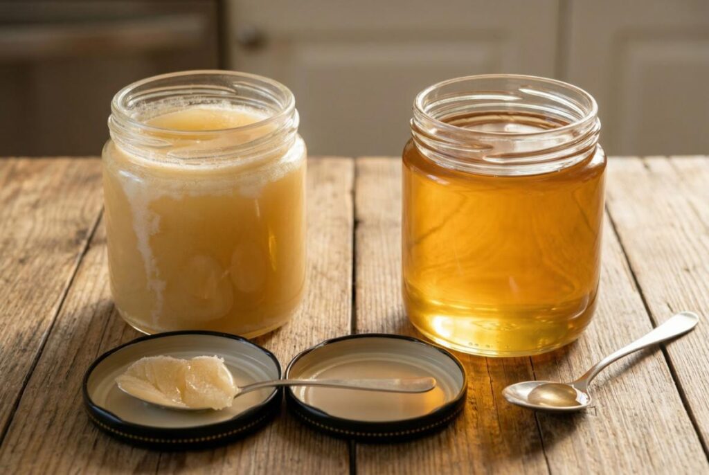 Crystallised honey compared to liquid honey after gentle warming