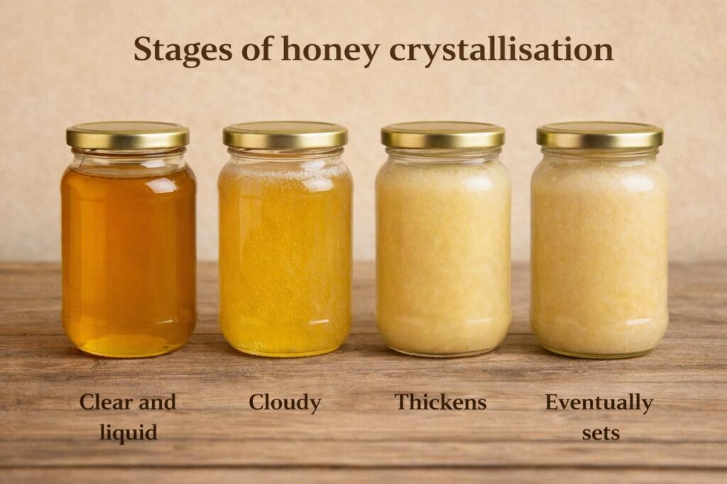 Stages of honey crystallisation from clear liquid to solid form
