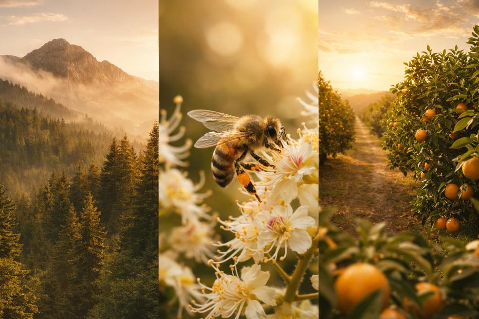 Honey bee collecting nectar from chestnut blossom between forest mountain landscape and orange orchard illustrating diverse honey sources.