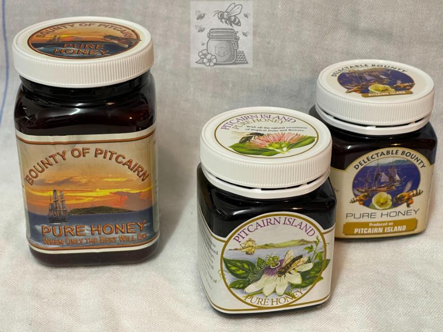 Pitcairn Island honey jars shipped from the South Pacific, rare island honey produced by disease-free bees.