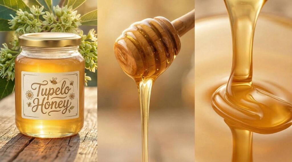 Tupelo honey in a glass jar with macro close-ups of smooth, non-crystallised honey texture and slow honey drizzle.
