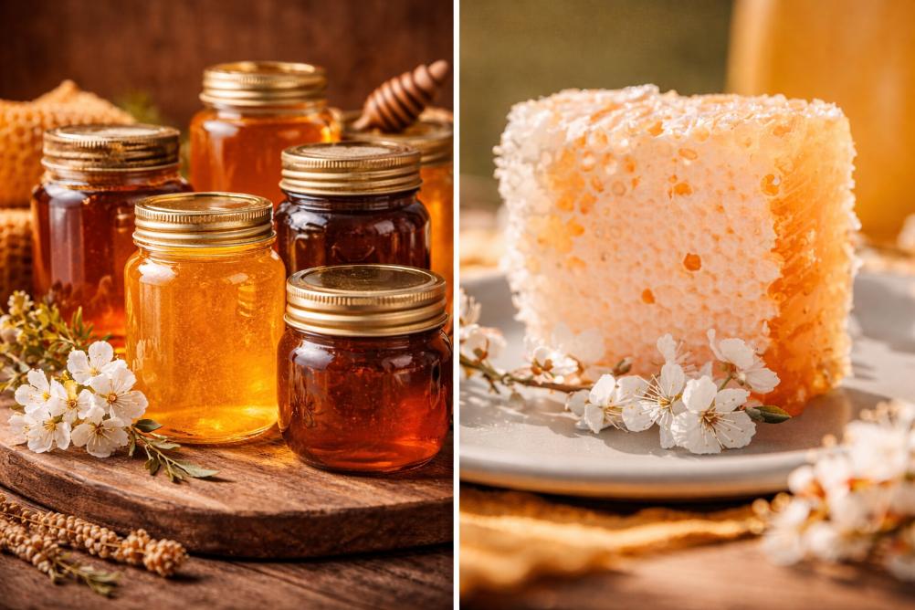 Different types of honey showing colour variation from light to dark and texture.