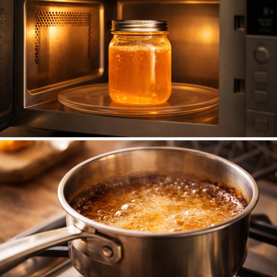 Unsafe methods like microwaving or overheating honey that can damage quality