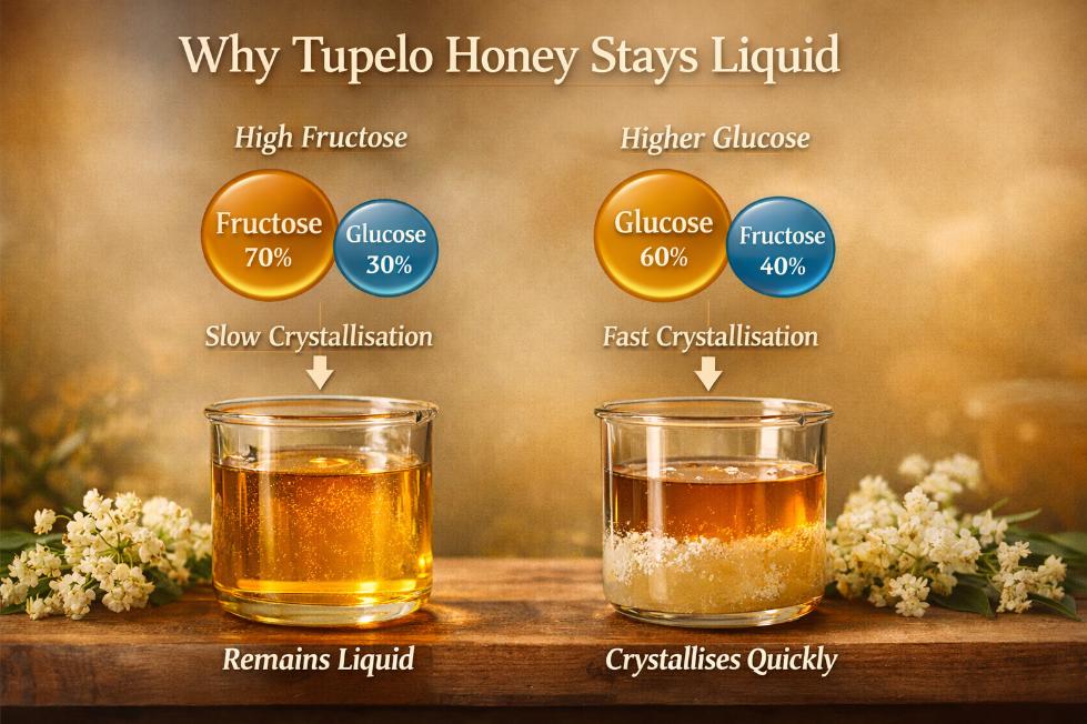 Infographic comparing tupelo honey and regular honey, showing how higher fructose content slows crystallisation and keeps tupelo honey liquid longer.