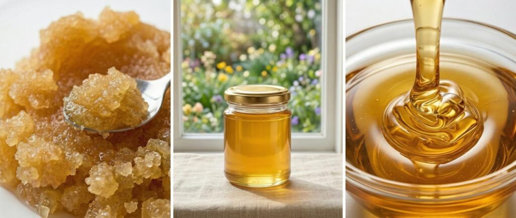 Clear liquid honey in a jar and a bowl showing smooth texture and golden colour vs crystallised honey