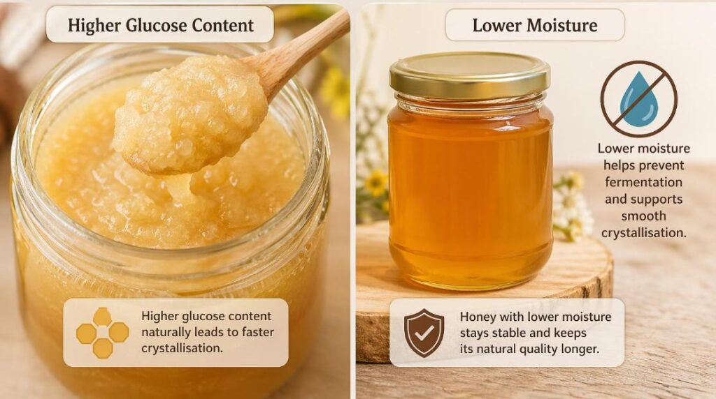 Honey with higher glucose content crystallising faster compared to low-moisture honey in a jar