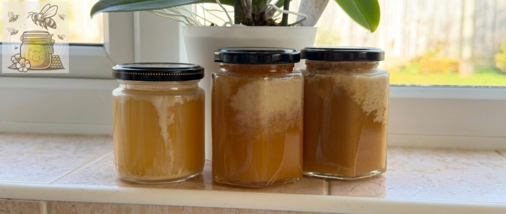 Three jars of crystallised honey with white patterns