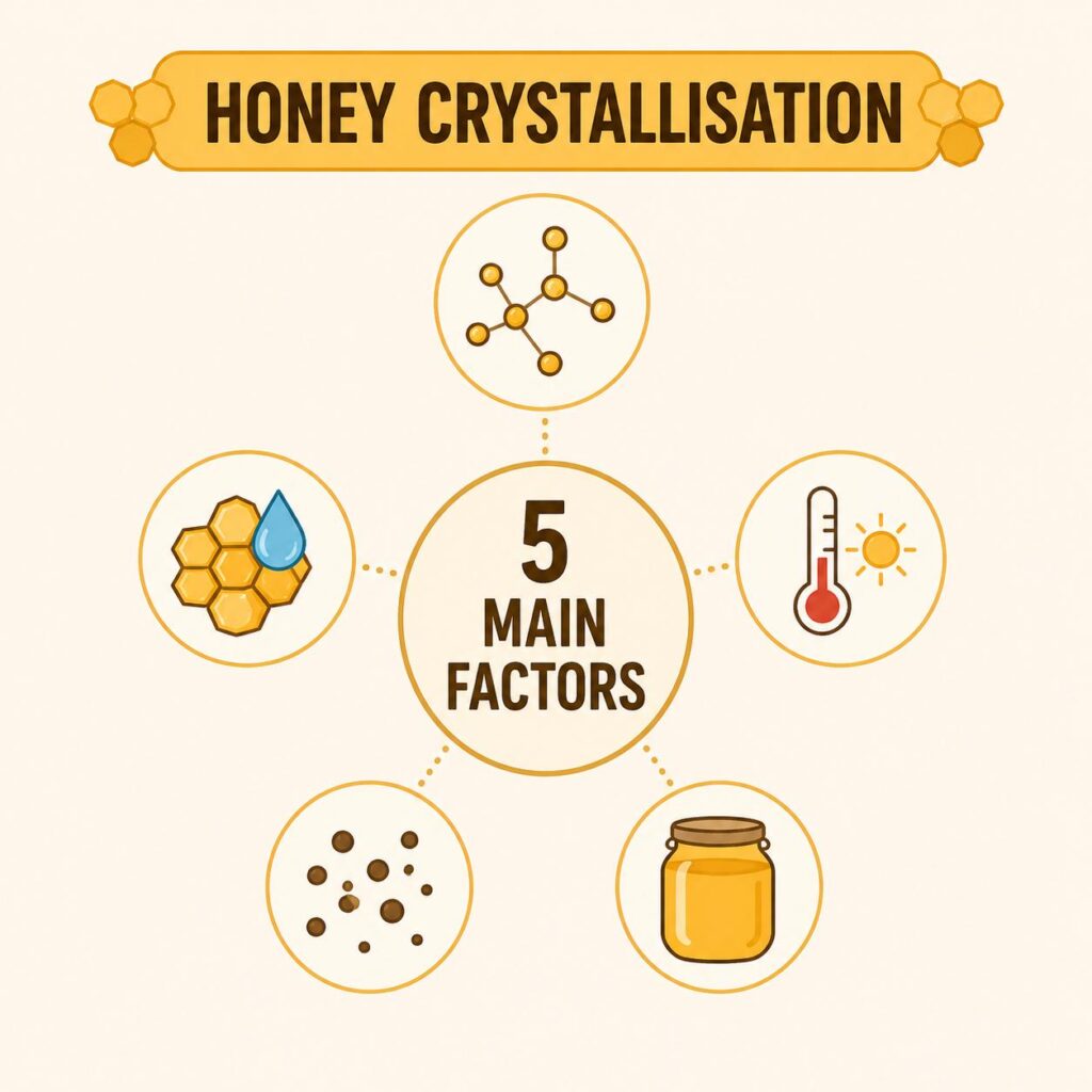 Infographic showing the five main factors that affect honey crystallisation.