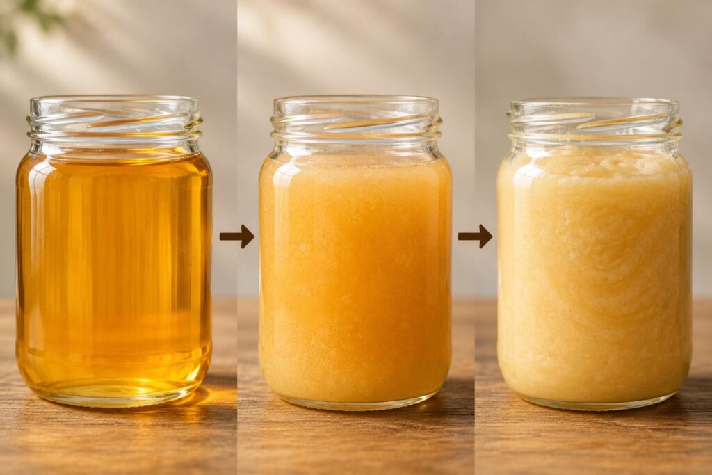 Three jars showing honey crystallisation stages from clear liquid honey to cloudy honey and fully set honey.