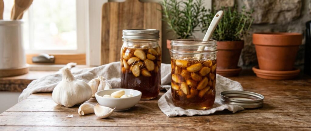 Rustic kitchen scene with jars of garlic fermenting in raw honey beside fresh garlic cloves and honey dipper on a wooden countertop.