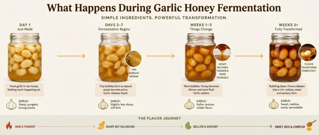 Infographic showing the stages of garlic fermented in honey, including bubbling fermentation, thinning honey, softened garlic cloves, and flavour transformation over time.