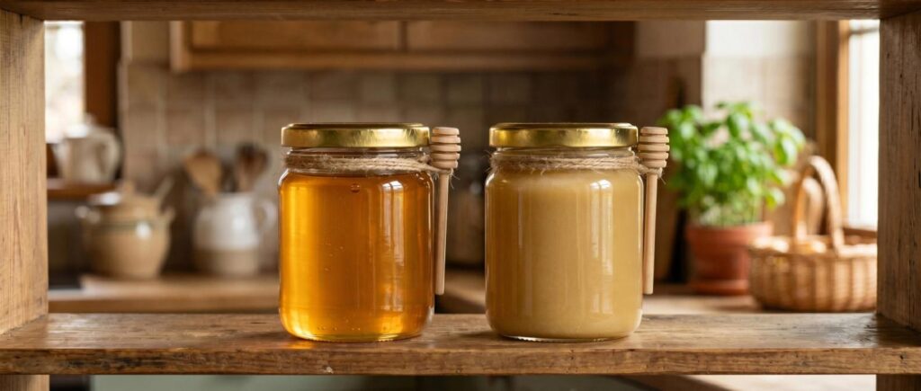 Liquid and crystallised honey jars shown side by side.
